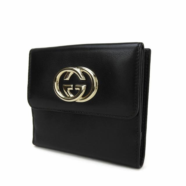 GUCCI グッチ 二つ折り財布 黒 レザー ダブルホック ロゴプレート