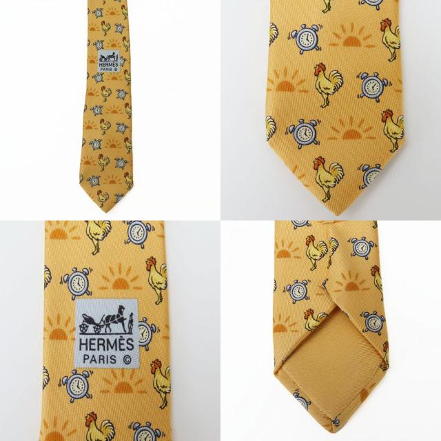 中古 エルメス ネクタイ ニワトリ シルク オレンジ ユニーク スーツ