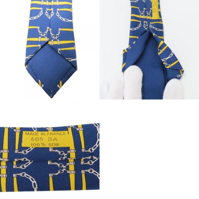 中古 エルメス ネクタイ シルク ネイビー イエロー 総柄 おしゃれ アパレル メンズ 男性 HERMES_9