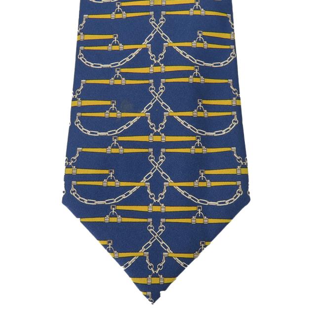 中古 エルメス ネクタイ シルク ネイビー イエロー 総柄 おしゃれ アパレル メンズ 男性 HERMES_2