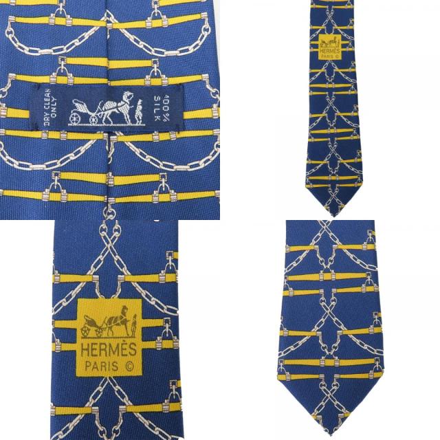 中古 エルメス ネクタイ シルク ネイビー イエロー 総柄 おしゃれ アパレル メンズ 男性 HERMES_8