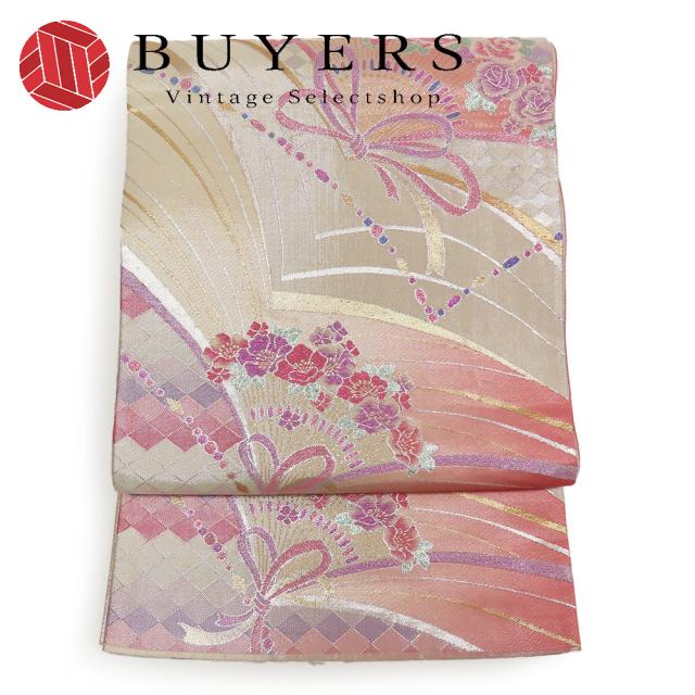 中古 袋帯 正絹(金銀糸除く) ピンク ゴールド シルバー 振袖 ガーリー 姫系 和装 呉服 和服 きもの レディース 女性
