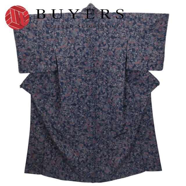 中古 紬 正絹 ネイビー 単衣 更紗模様 和装 呉服 和服 きもの レディース 女性