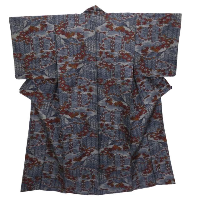 中古 紬 正絹 ブルーグレー オレンジ レッド 単衣 竜田川模様 和装 呉服 和服 きもの レディース 女性 中古 紬 正絹 ブルーグレー オレンジ レッド 単衣 竜田川模様 和装