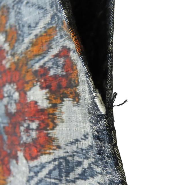 中古 紬 正絹 ブルーグレー オレンジ レッド 単衣 竜田川模様 和装