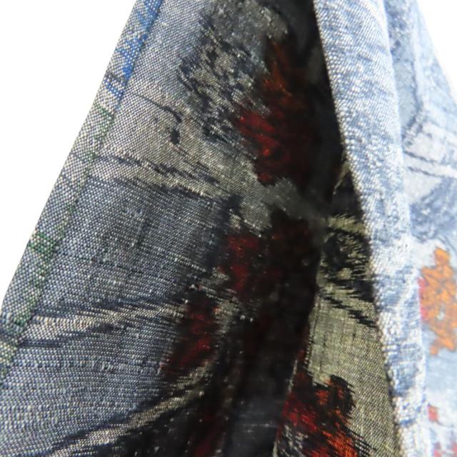 中古 紬 正絹 ブルーグレー オレンジ レッド 単衣 竜田川模様 和装