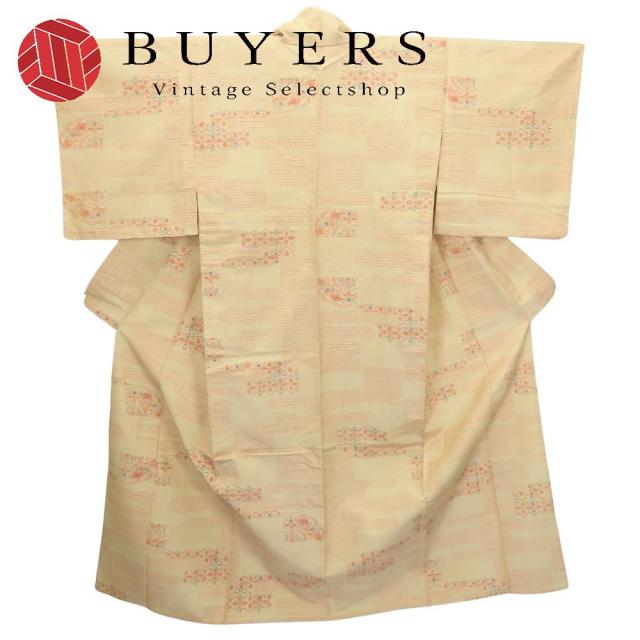 中古 紬 正絹 ベージュ オレンジ 単衣 結城紬 和装 呉服 和服 きもの レディース 女性