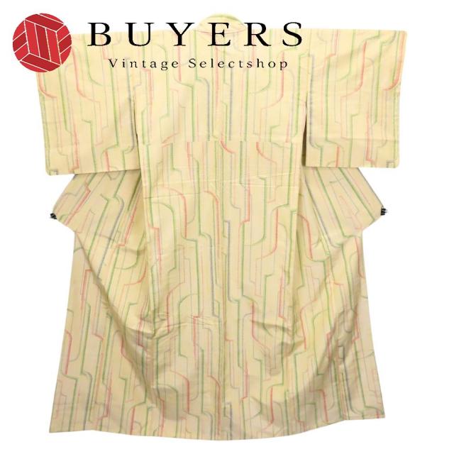 中古 紬 正絹 ベージュ マルチカラー 普段着 洒落 和装 呉服 和服 きもの レディース 女性