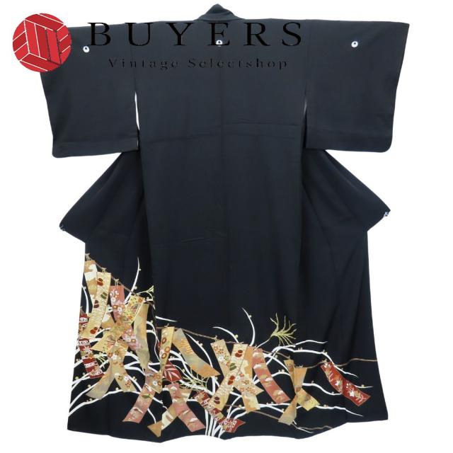 中古 留袖 礼装 結婚式 正絹(金銀糸除く) ブラック 華やか 手描き 和装 呉服 和服 きもの レディース 女性