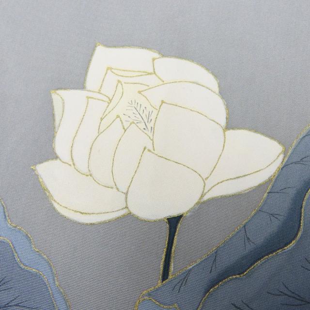 中古 名古屋帯 九寸 正絹 グレー 蓮柄 塩瀬 和装 呉服 和服 きもの