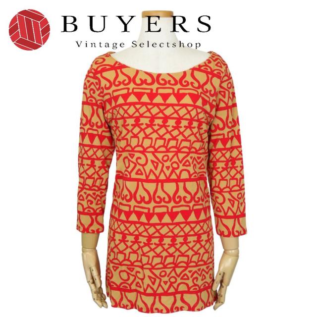 中古 サルヴァトーレフェラガモ チュニック L レーヨン ナイロン レッド キャメル カットソー 七分袖 アパレル レディース 女性 Salvatore Ferragamo