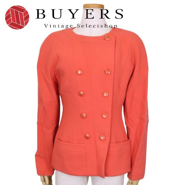 中古 シャネル ノーカラージャケット C-TK-5914 ココマーク 36 ウール シルク ピンク ダブル アパレル 肩パットあり レディース 女性 CHANEL