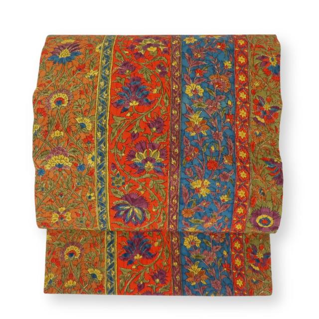 中古 名古屋帯 九寸 正絹 オレンジ 名古屋仕立て 草花 和装 呉服 和服