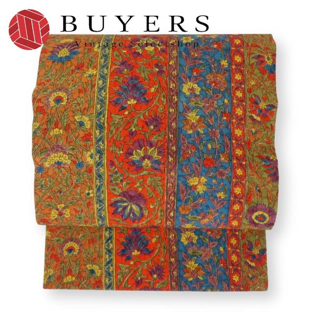 中古 名古屋帯 九寸 正絹 オレンジ 名古屋仕立て 草花 和装 呉服 和服 きもの レディース 女性