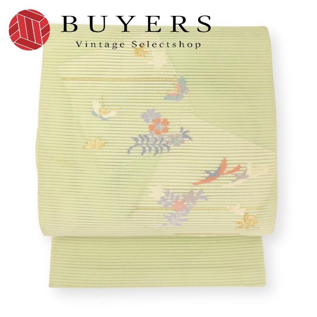 中古 名古屋帯 八寸 正絹 緑 松葉仕立て 絽つづれ 和装 呉服 和服 きもの レディース 女性