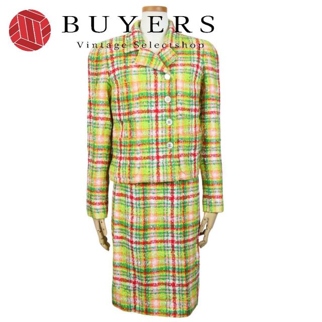 中古 シャネル セットアップ 36 コットン レーヨン ウール グリーン系 赤 マルチカラー ツイード ココボタン アパレル レディース 女性 CHANEL