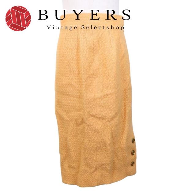 中古 シャネル スカート ヴィンテージ 38 ウール シルク サーモンピンク オレンジ系 ツイード 93C 金ボタン レディース 女性 CHANEL