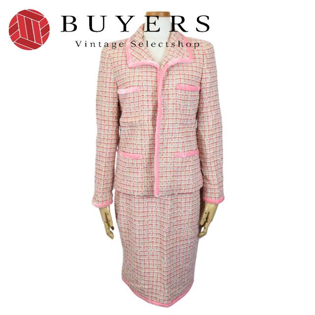 中古 シャネル セットアップ 38 ウール コットン ナイロン ピンク 赤 マルチカラー ツイード ココボタン アパレル レディース 女性 CHANEL