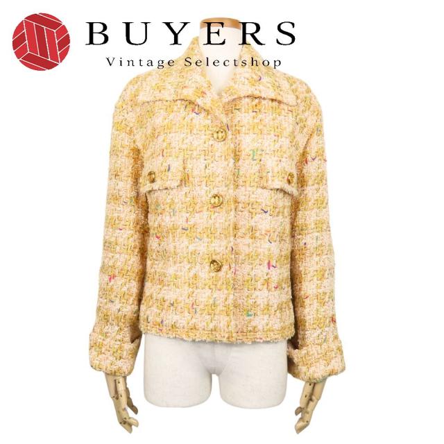 中古 シャネル テーラードジャケット 38 ウール ナイロン アクリル オレンジ マルチカラー ツイード アパレル 金ボタン レディース 女性 CHANEL