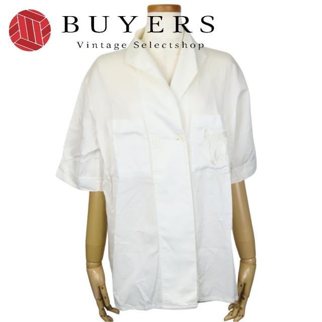 中古 クリスチャンディオール 半袖シャツ L 綿 レーヨン ホワイト リボン刺繍 トップス アパレル レディース 女性 Christian Dior