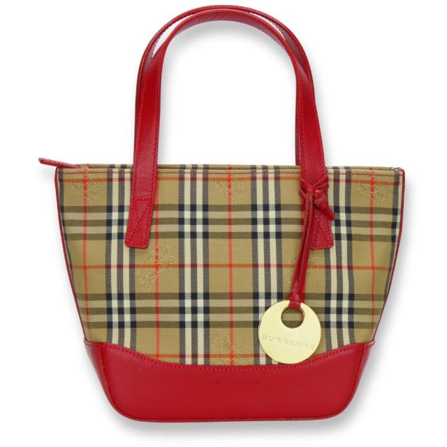 中古 バーバリー ハンドバッグ キャンバス レザー レッド ベージュ ノバチェック ミニバッグ レディース 女性 BURBERRY