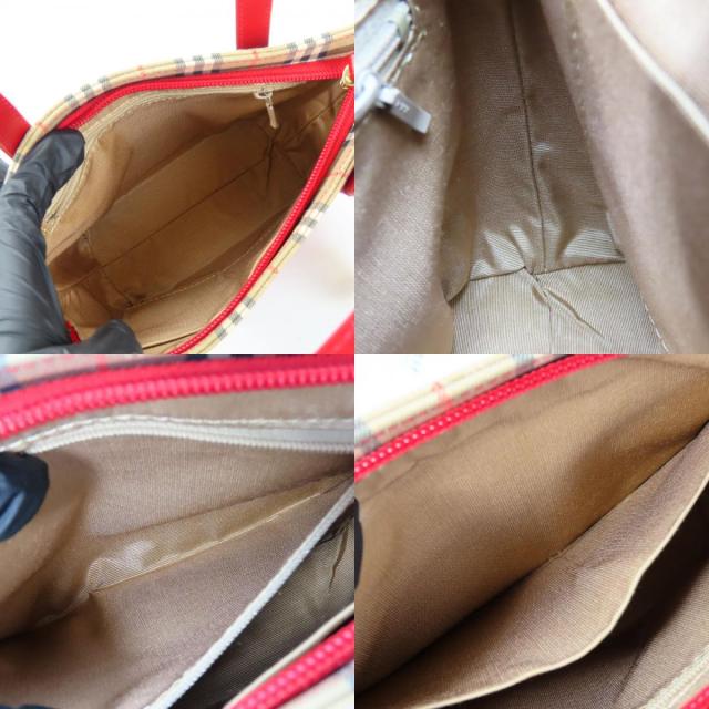 中古 バーバリー ハンドバッグ キャンバス レザー レッド ベージュ ノバチェック ミニバッグ レディース 女性 BURBERRY