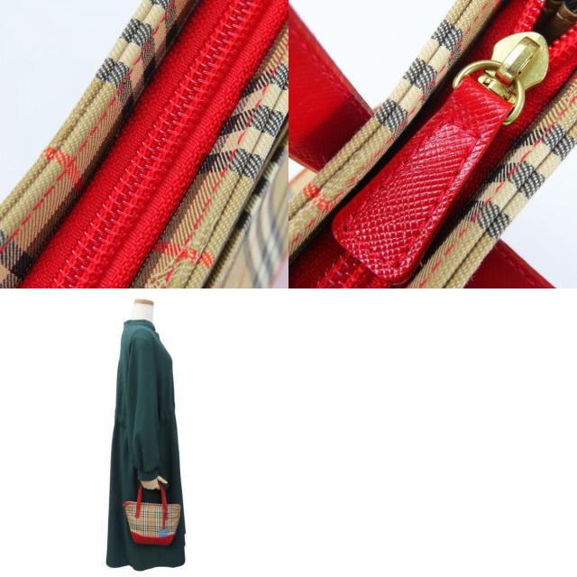 中古 バーバリー ハンドバッグ キャンバス レザー レッド ベージュ ノバチェック ミニバッグ レディース 女性 BURBERRY