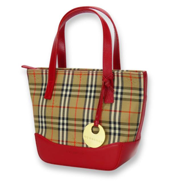 中古 バーバリー ハンドバッグ キャンバス レザー レッド ベージュ ノバチェック ミニバッグ レディース 女性 BURBERRY