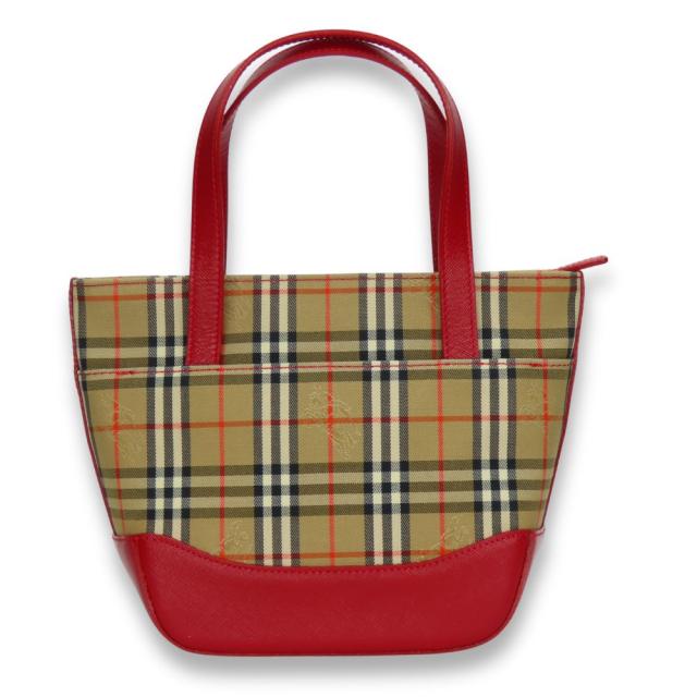中古 バーバリー ハンドバッグ キャンバス レザー レッド ベージュ ノバチェック ミニバッグ レディース 女性 BURBERRY