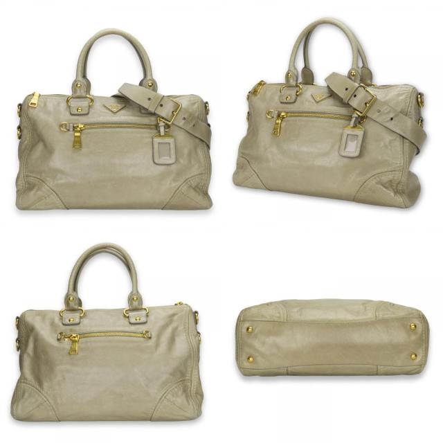 中古 プラダ ハンドバッグ BL0678 三角ロゴプレート カーフ POMICE サンドベージュ ゴールド金具 2WAY ショルダー カジュアル レディース 女性 PRADA_1