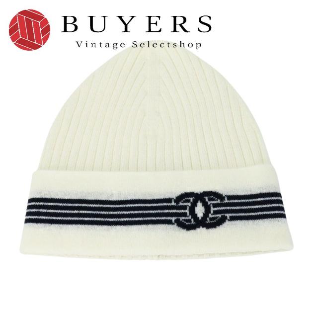 中古 シャネル ニットキャップ カシミヤ コットン ホワイト ブラック ニット帽 ココマーク アパレル レディース 女性 CHANEL