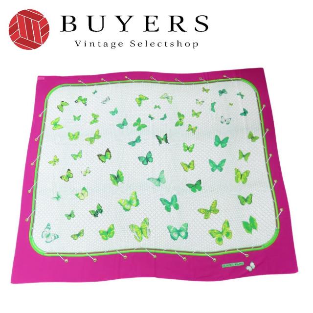 中古 エルメス ストール パレオ コットン パープル ホワイト グリーン 蝶 大判 スカーフ レディース 女性 HERMES
