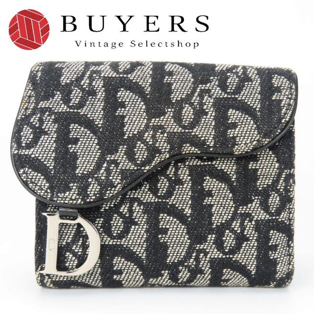 中古 クリスチャンディオール 二つ折り財布 トロッター キャンバス ブラック シルバー金具 Wホック コンパクト レディース 女性 Christian Dior