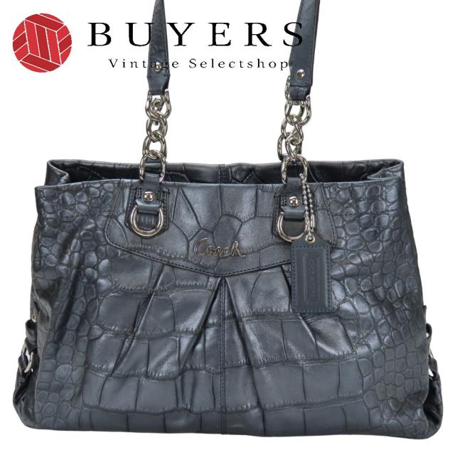 中古 コーチ トートバッグ F17661 レザー ネイビーグレー系 メタリック シルバー金具 クロコ型押し 肩掛け レディース 女性 COACH