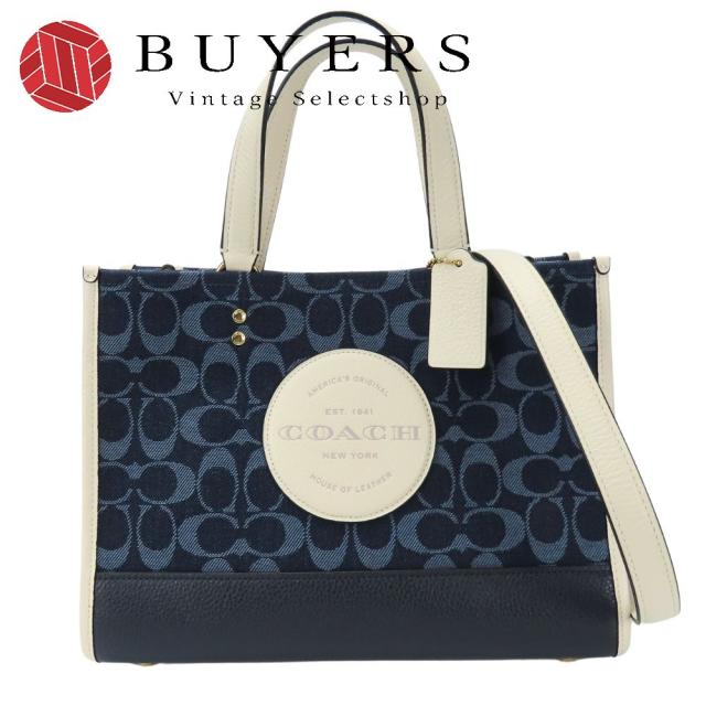 中古 美品 コーチ トートバッグ C2826 デンプシー シグネチャー キャンバス レザー ネイビー ホワイト 2WAY ショルダー レディース 女性 COACH