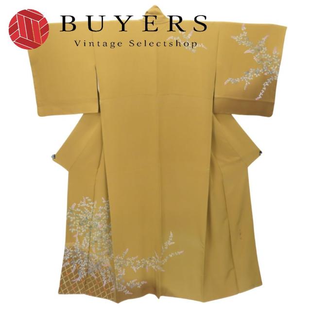 中古 訪問着・付下 正絹(金銀糸除く) ベージュ 草花柄 しつけ糸あり 落款あり 和装 呉服 和服 きもの レディース 女性