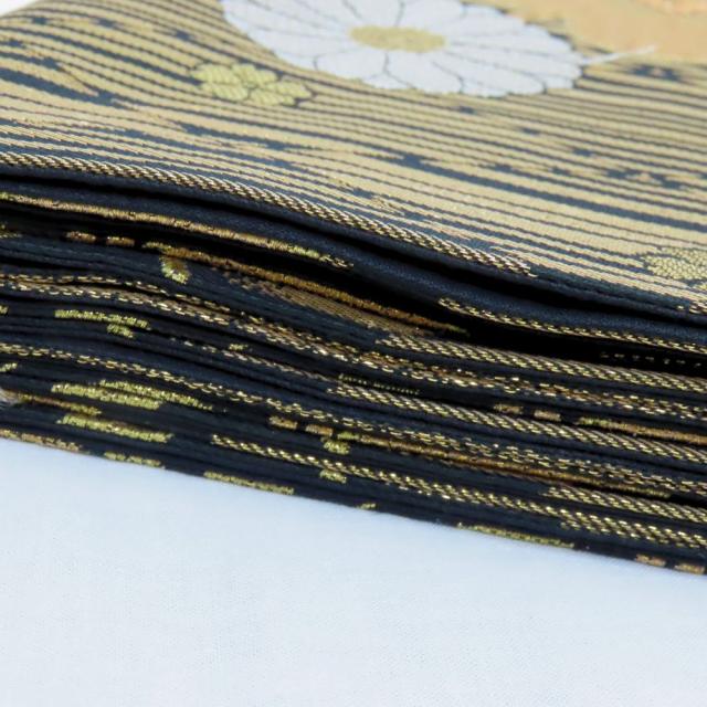【中古】 袋帯 正絹(金銀糸除く) ネイビー ブラック ゴールド シルバー フォーマル 振袖 牡丹 和装 呉服 和服 きもの レディース 女性 すごい値！ 袋帯 リサイクル フォーマル 京都 西陣 正絹 グレー 扇 菊