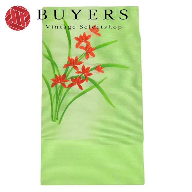 中古 未使用展示品 名古屋帯 名古屋仕立て 仕付け糸あり 正絹 ポリエステル グリーン系 夏物 花刺繍 縞 和装 呉服 和服 きもの レディース 女性