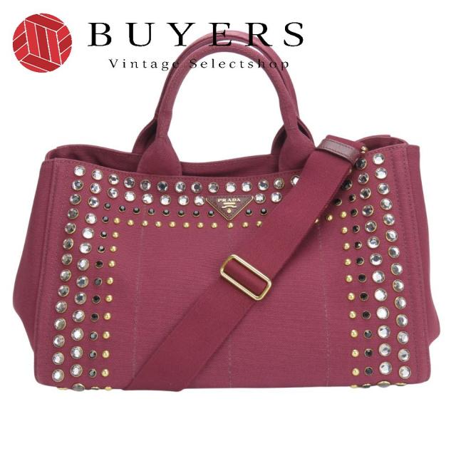中古 プラダ トートバッグ カナパ B2642O スタッズ キャンバス アマラント ワインレッド系 ゴールド金具 2WAY 斜め掛け 肩掛け ショルダー ビジュー レディース 女性 PRADA