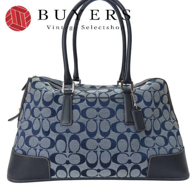 中古 コーチ ハンドバッグ 6046 シグネチャー キャンバス レザー ネイビー系 ブルー系 肩掛け 普段使い カジュアル レディース 女性 COACH