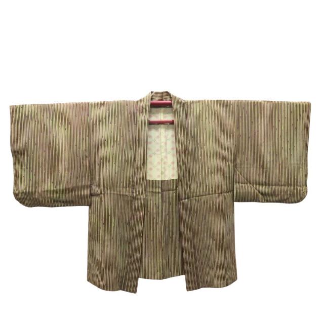 小紋　フルセット　着物　正絹　ストライプ　レトロ　古風　茶ブラウン　花　F7 小紋 フルセット 着物 正絹 ストライプ レトロ 古風 茶ブラウン 花 F7