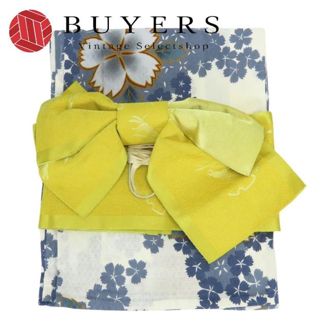 中古 浴衣 2点セット 作り帯 白 黄色系 灰色 くすみカラー 変わり生地 お洒落 粋 和装 呉服 和服 きもの レディース 女性