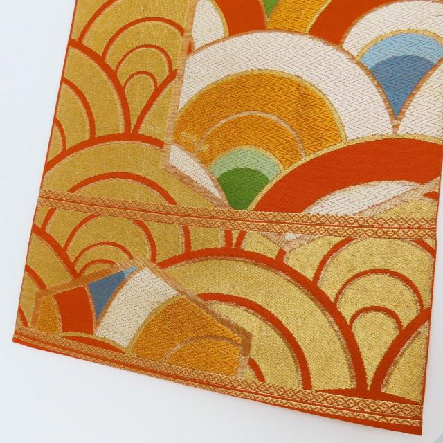 中古 袋帯 刺繍 正絹(金銀糸除く) 朱色系 ゴールド マルチカラー 