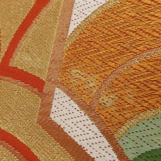 中古 袋帯 刺繍 正絹(金銀糸除く) 朱色系 ゴールド マルチカラー 