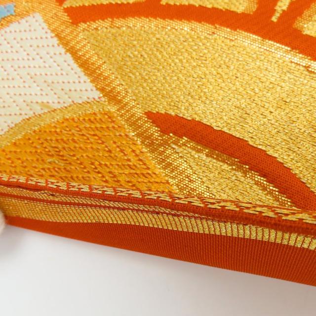 中古 袋帯 刺繍 正絹(金銀糸除く) 朱色系 ゴールド マルチカラー 
