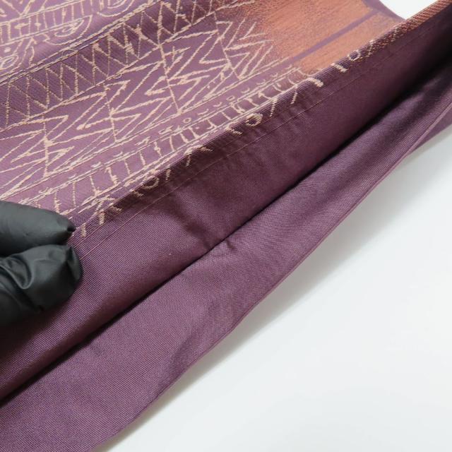 【中古】 袋帯 正絹(金銀糸除く) パープル系 ピンク 赤茶色 洒落帯 幾何学模様 六通柄 和装 呉服 和服 きもの レディース 女性 中古 袋帯 正絹(金銀糸除く) パープル系 ピンク 赤茶色 洒落帯 幾何学