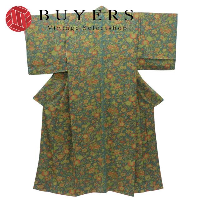 中古 小紋 しつけ糸あり 正絹(金銀糸除く) 青緑系 マルチカラー 総柄 お洒落 和装 呉服 和服 きもの レディース 女性