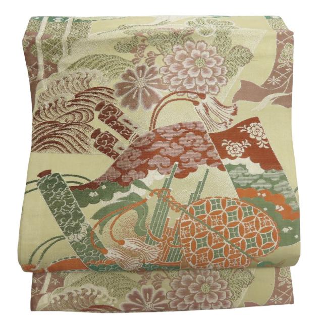 【中古】 名古屋帯 京袋 全通柄 正絹(金銀糸除く) ベージュ系 マルチカラー 丸帯 アンティーク 吉祥文様尽くし 和装 呉服 和服 きもの レディース 女性 中古 名古屋帯 京袋 全通柄 正絹(金銀糸除く) ベージュ系 マルチカラー
