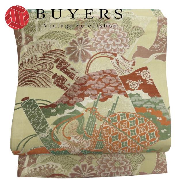 中古 名古屋帯 京袋 全通柄 正絹(金銀糸除く) ベージュ系 マルチカラー 丸帯 アンティーク 吉祥文様尽くし 和装 呉服 和服 きもの レディース 女性