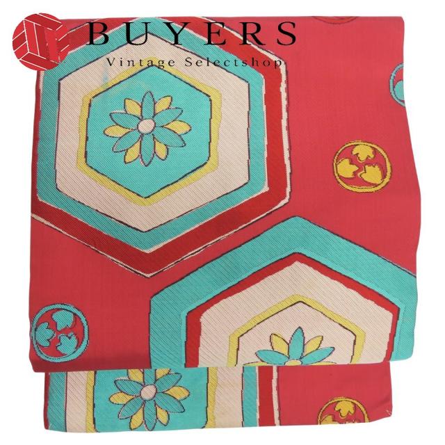 中古 名古屋帯 九寸 正絹(金銀糸除く) ワインレッド系 ライトブルー イエロー ホワイト 名古屋仕立て お洒落 和装 呉服 和服 きもの レディース 女性